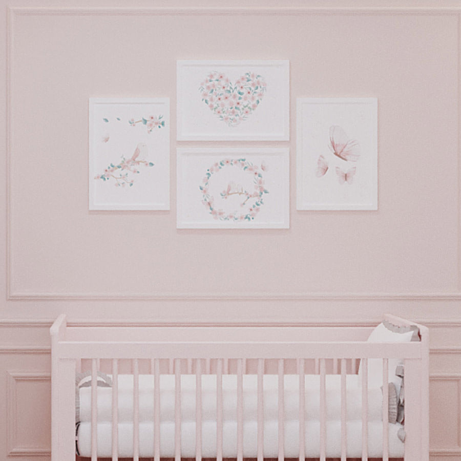 Quadro Infantil Jardim Galho a Esquerda Rosa