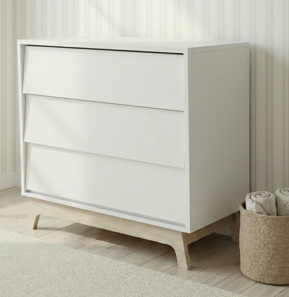 Cômoda de Bebê Raika 3 Gavetas Brancas e Pé Madeira Clara