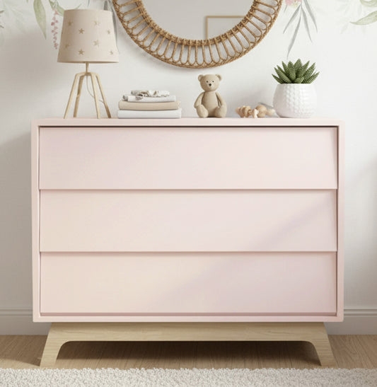 Cômoda de Bebê Raika 3 Gavetas Rosa Claro com Pé Madeira Clara