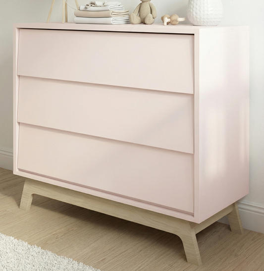 Cômoda de Bebê Raika 3 Gavetas Rosa Claro com Pé Madeira Clara