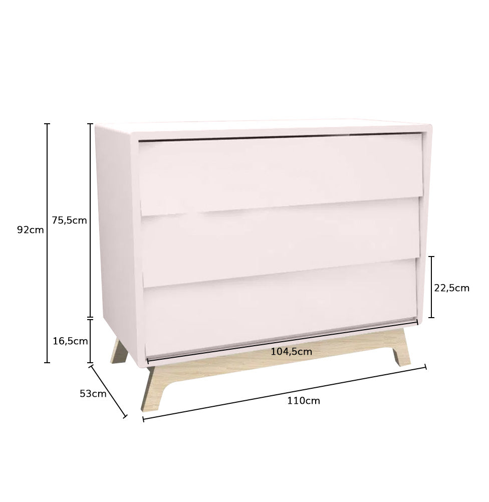 Cômoda de Bebê Raika 3 Gavetas Rosa Claro com Pé Madeira Clara