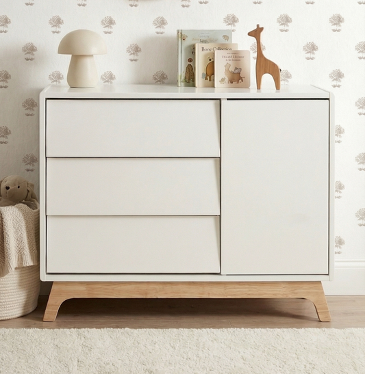 Cômoda de Bebê Raika com Porta Greige e Pé Madeira Clara