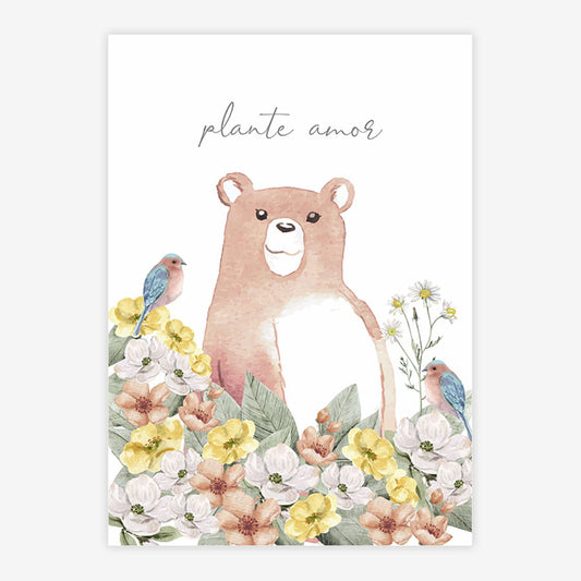Quadro Infantil Urso Plante Amor Coral