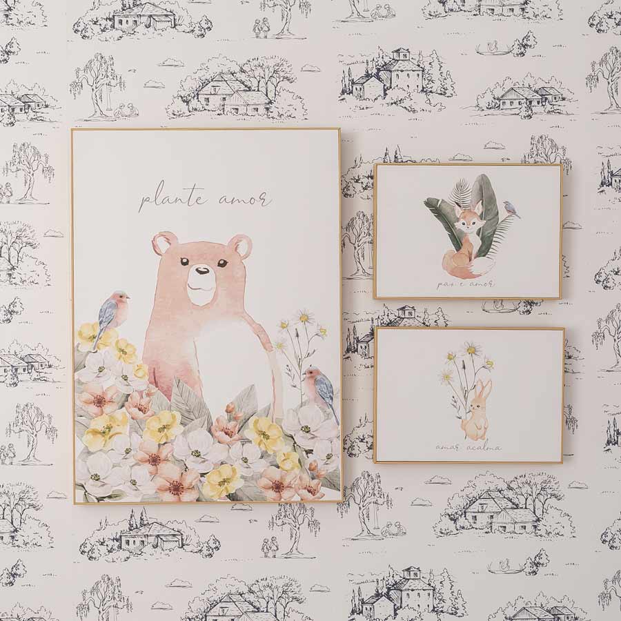 Quadro Infantil Urso Plante Amor Coral