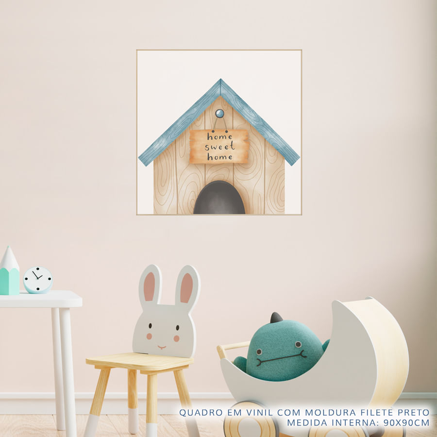 Quadro Infantil Casinha Cachorro Azul Quadrado