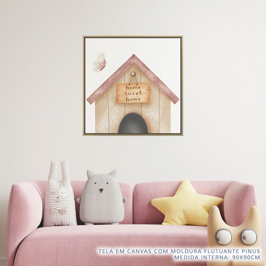 Quadro Infantil Casinha Cachorro Rosa Quadrado