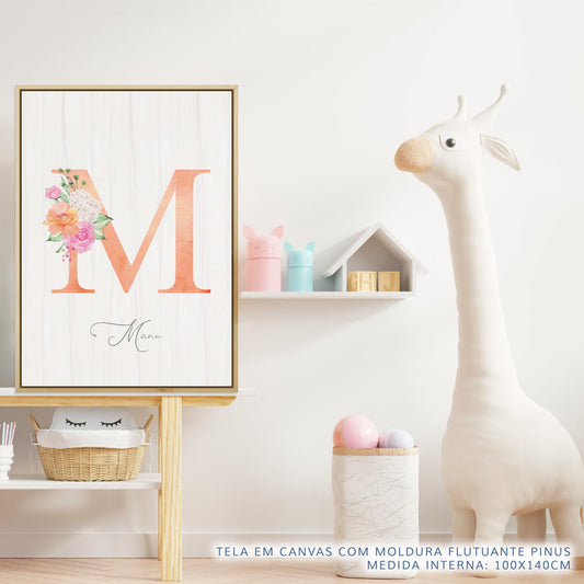 Quadro Infantil Floral Letra Coral