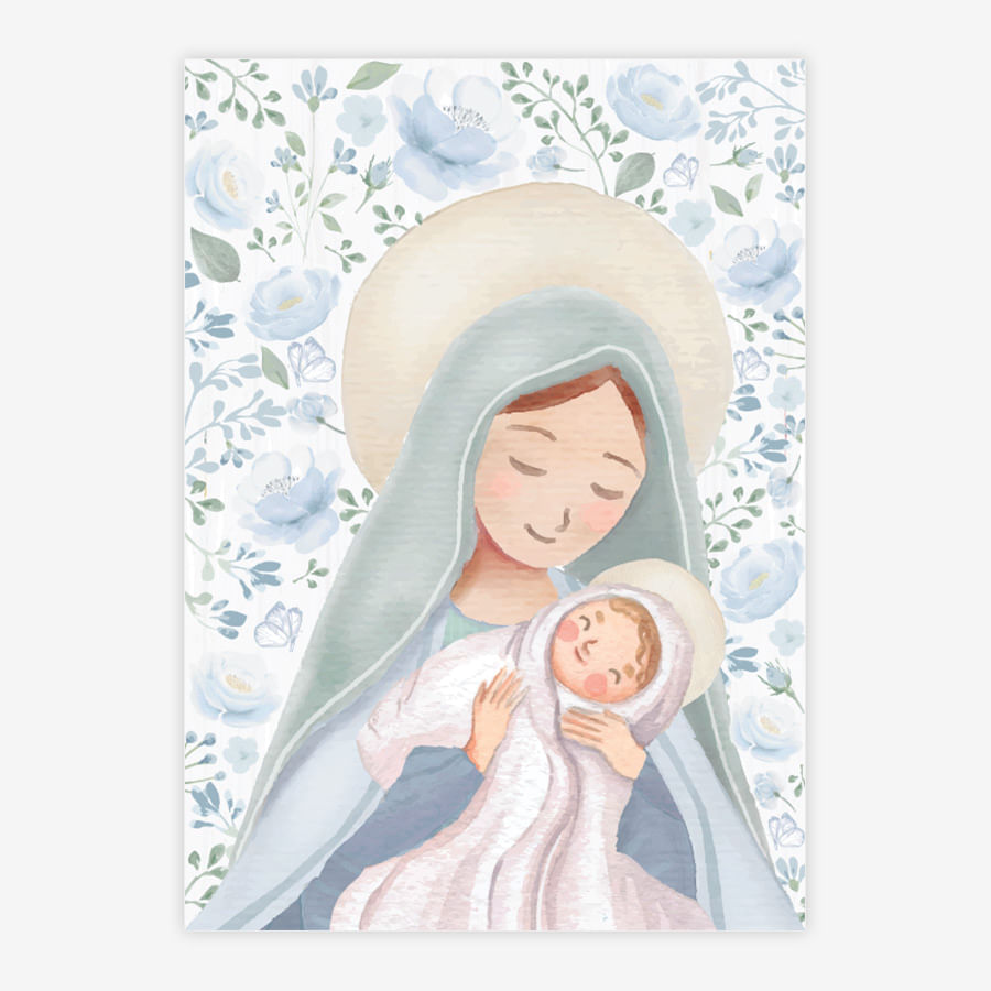 Quadro Infantil Nossa Senhora com Flores Azul