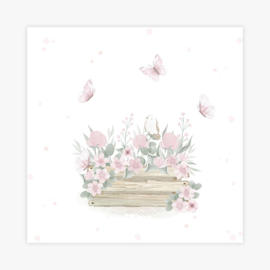 Quadro Infantil Jardim Cesta de Flores Rosa