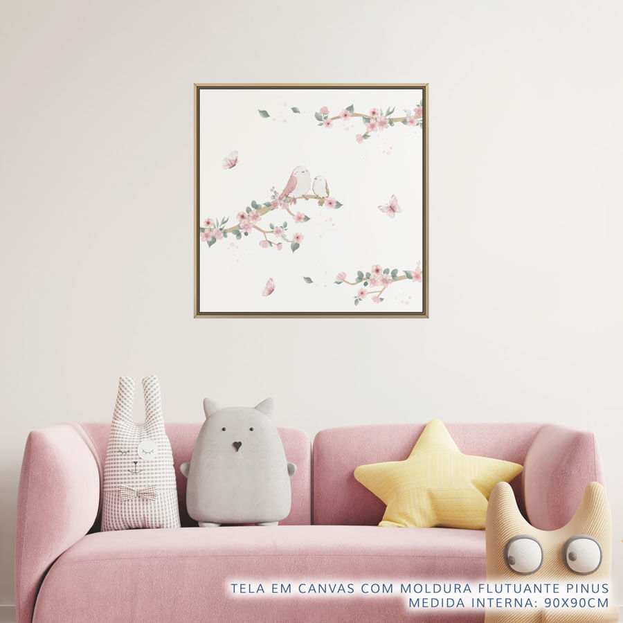 Quadro Infantil Jardim Galho a Esquerda Rosa - Quadrado
