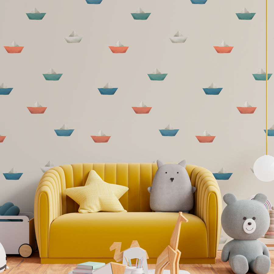 Papel de Parede Infantil Barquinho de Papel Bege
