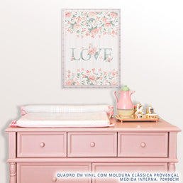 Quadro Infantil Love com Flores Rosa