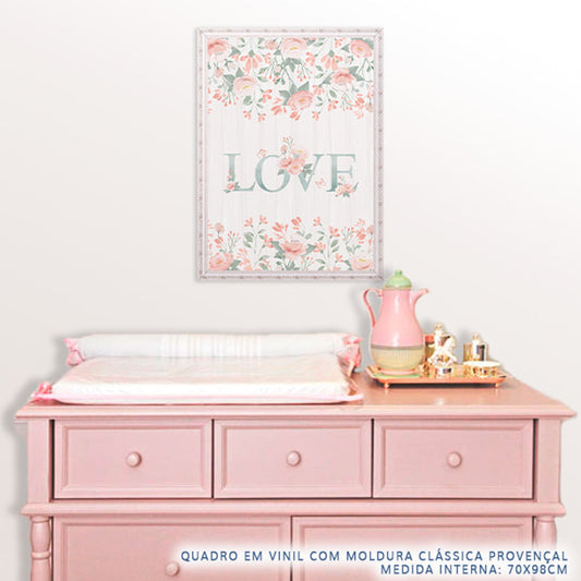 Quadro Infantil Love com Flores Rosa