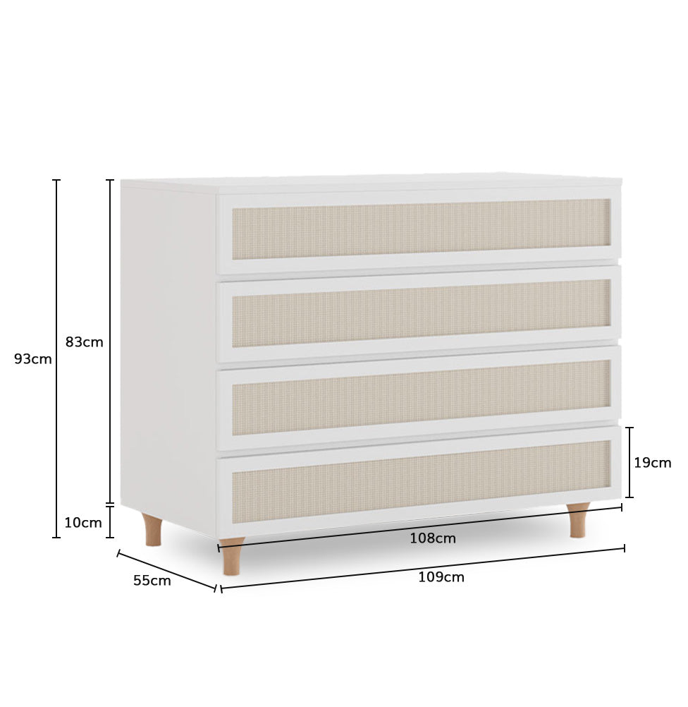 Cômoda de Bebê Haus Nature com Palha 4 Gavetas Branca e Carvalho 110cm