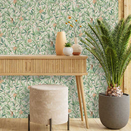 Papel de Parede Folhas com Pássaros Aquarela Verde