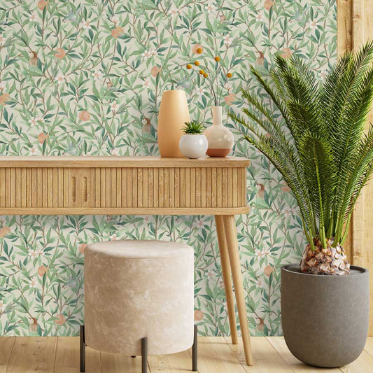 Papel de Parede Folhas com Pássaros Aquarela Verde