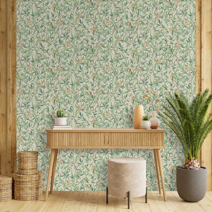 Papel de Parede Folhas com Pássaros Aquarela Verde