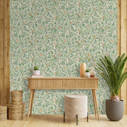 Papel de Parede Folhas com Pássaros Aquarela Verde