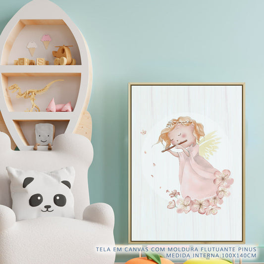 Quadro Infantil Anjinha com Flauta Rosa