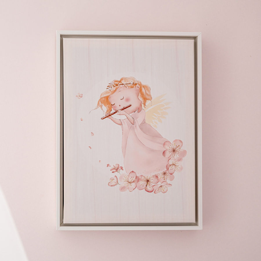 Quadro Infantil Anjinha com Flauta Rosa