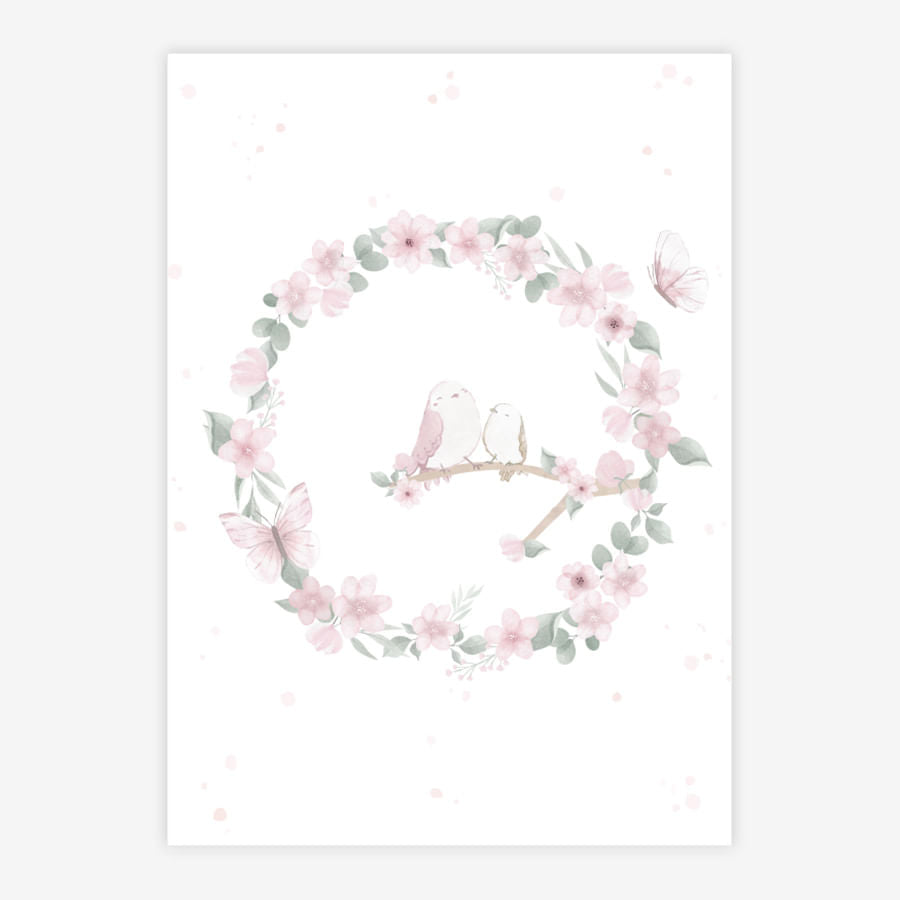 Quadro Infantil Jardim Guirlanda com Pássaros Rosa Vertical