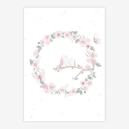 Quadro Infantil Jardim Guirlanda com Pássaros Rosa Vertical