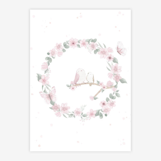 Quadro Infantil Jardim Guirlanda com Pássaros Rosa Vertical