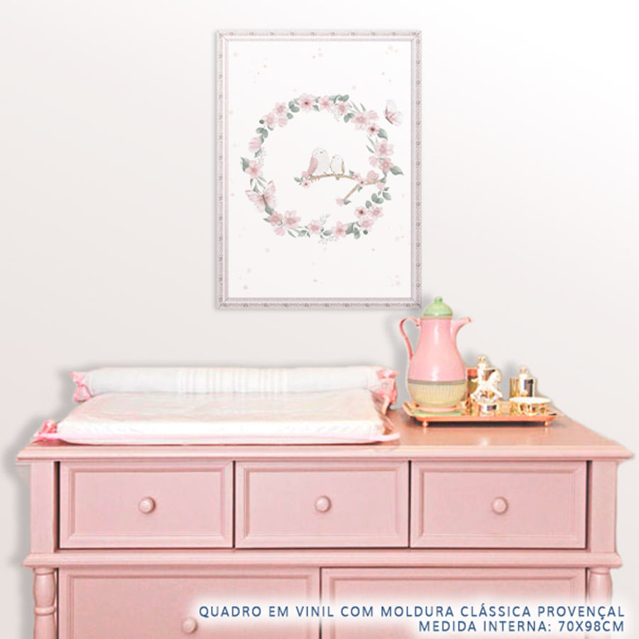 Quadro Infantil Jardim Guirlanda com Pássaros Rosa Vertical