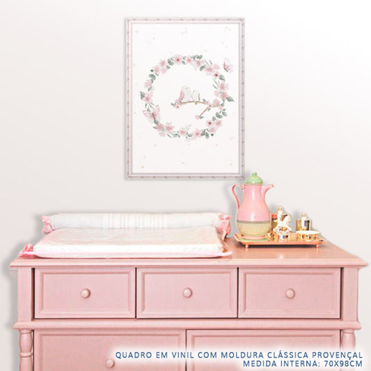 Quadro Infantil Jardim Guirlanda com Pássaros Rosa Vertical