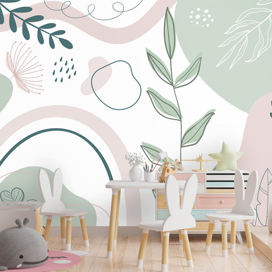 Papel de Parede Infantil Abstrato Folha Rosa - Mural
