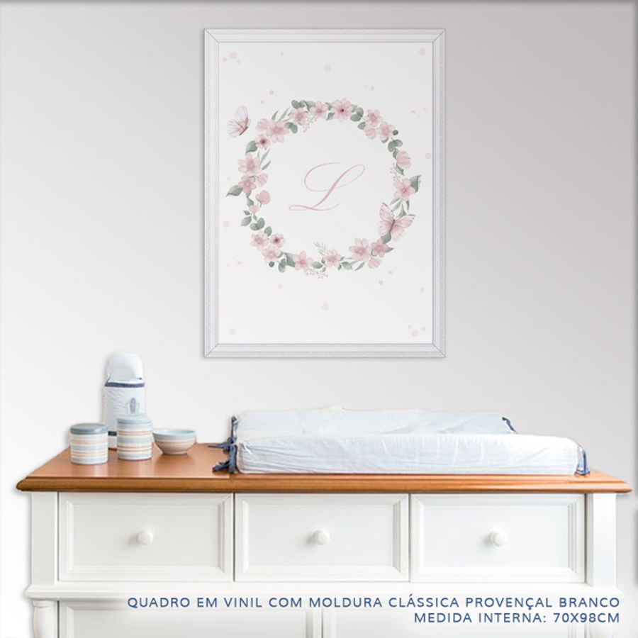 Quadro Infantil Jardim Guirlanda com Inicial Rosa Vertical