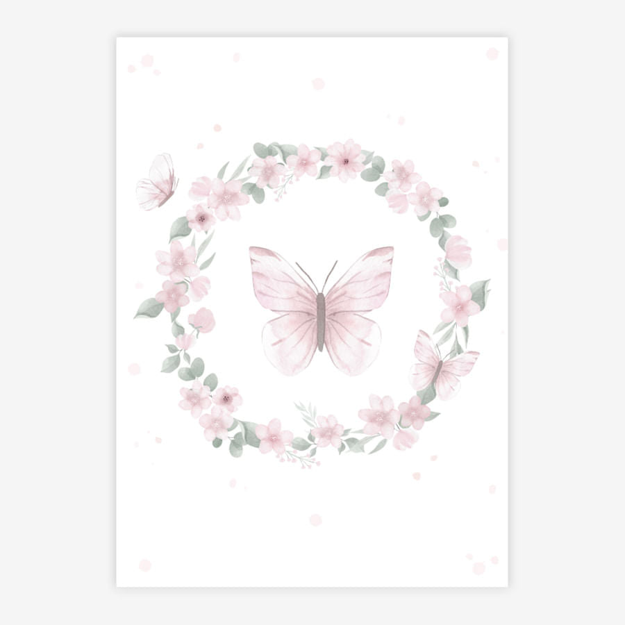Quadro Infantil Jardim Guirlanda com Borboletas Rosa Vertical