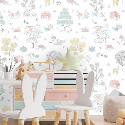 Papel de Parede Infantil Árvores e Bichos