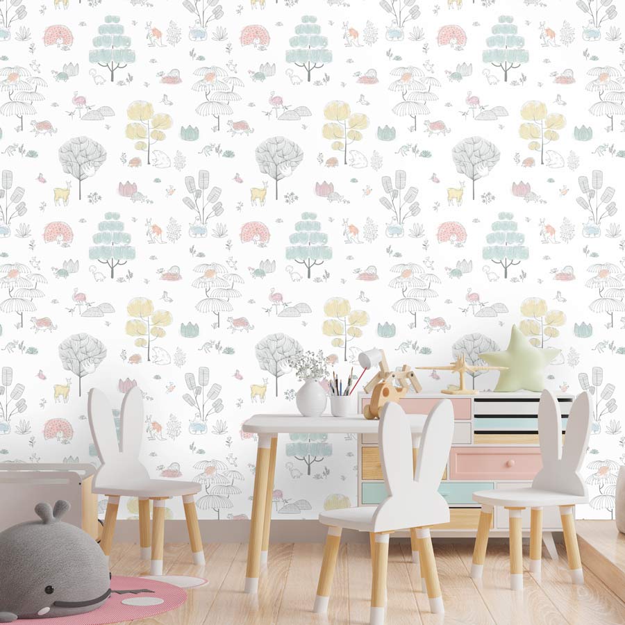 Papel de Parede Infantil Árvores e Bichos
