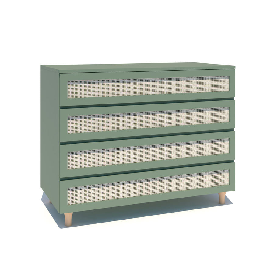 Cômoda de Bebê Haus Nature com Palha e 4 Gavetas Verde Jardim e Carvalho 110cm