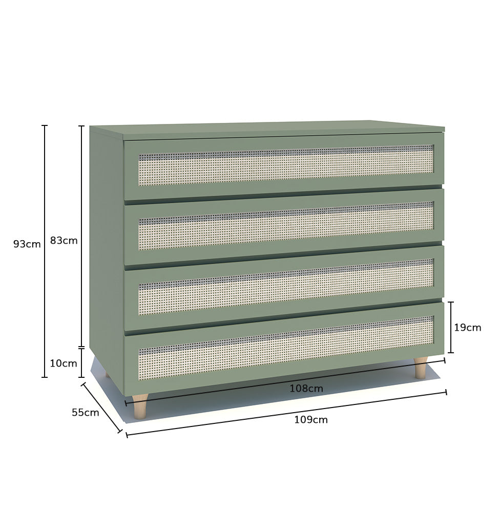 Cômoda de Bebê Haus Nature com Palha e 4 Gavetas Verde Jardim e Carvalho 110cm