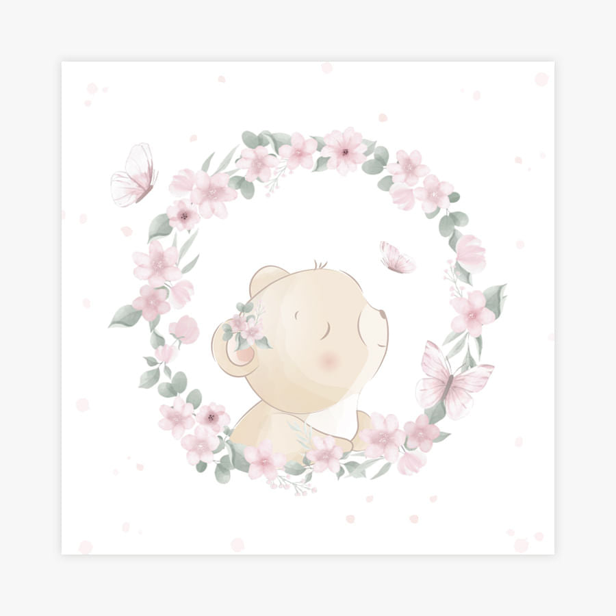 Quadro Infantil Jardim Guirlanda Ursa Rosa - Quadrado