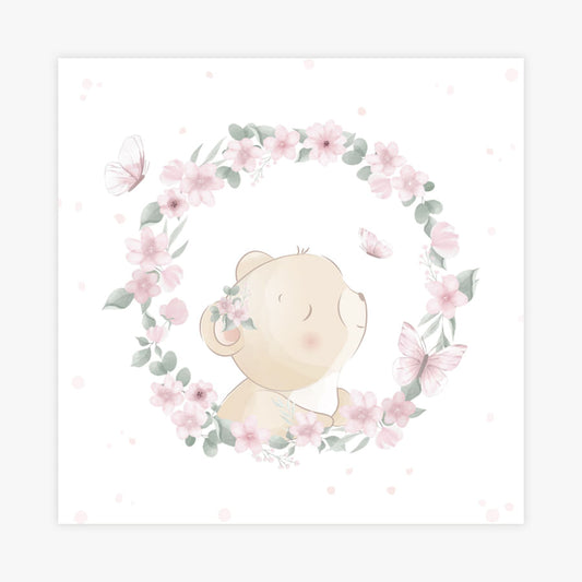 Quadro Infantil Jardim Guirlanda Ursa Rosa - Quadrado