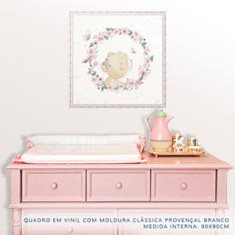 Quadro Infantil Jardim Guirlanda Ursa Rosa - Quadrado