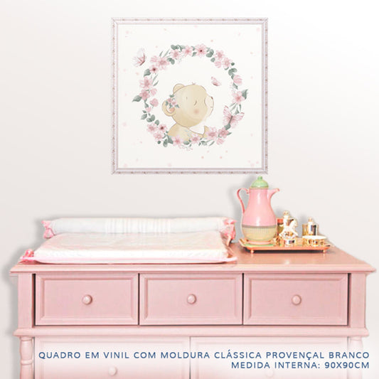 Quadro Infantil Jardim Guirlanda Ursa Rosa - Quadrado