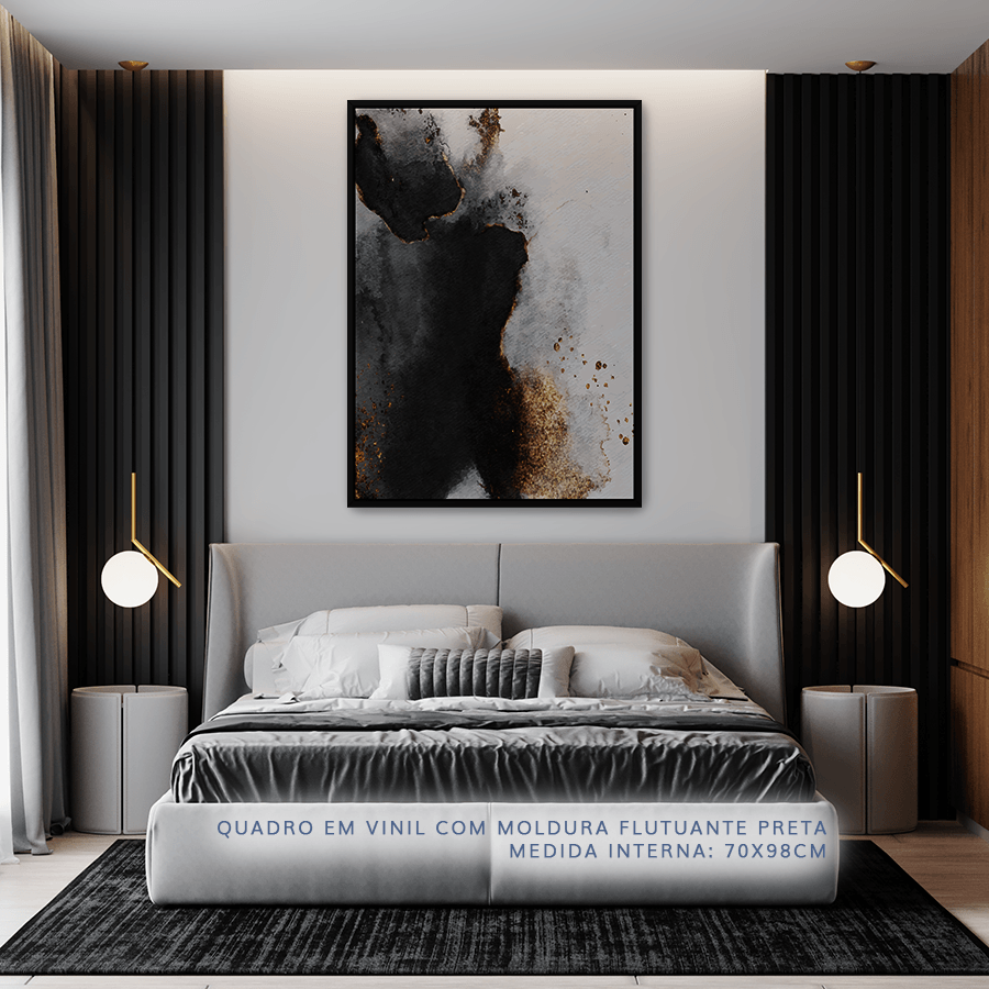 Quadro Aquarela Preto e Dourado Abstrato