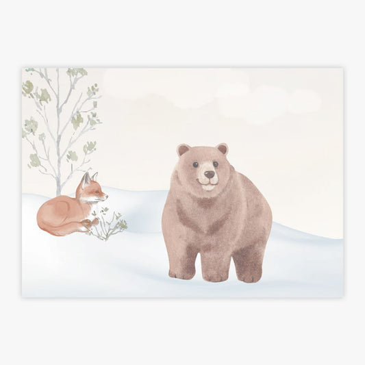Quadro Infantil Urso e Raposa na Neve
