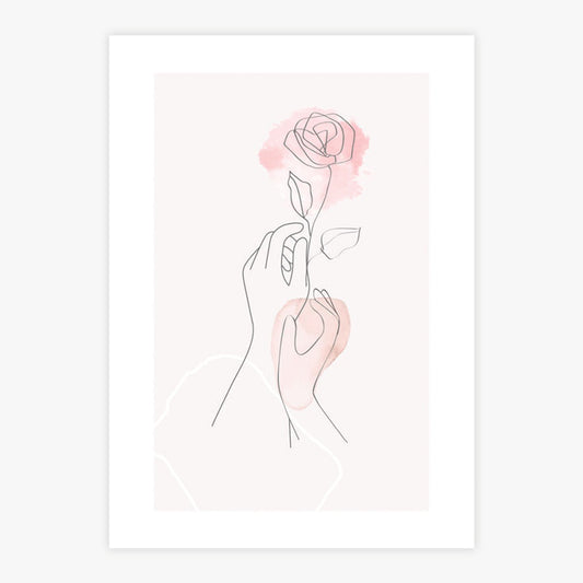Quadro Mãos com Rosa Minimalista Aquarela Rose - Vertical