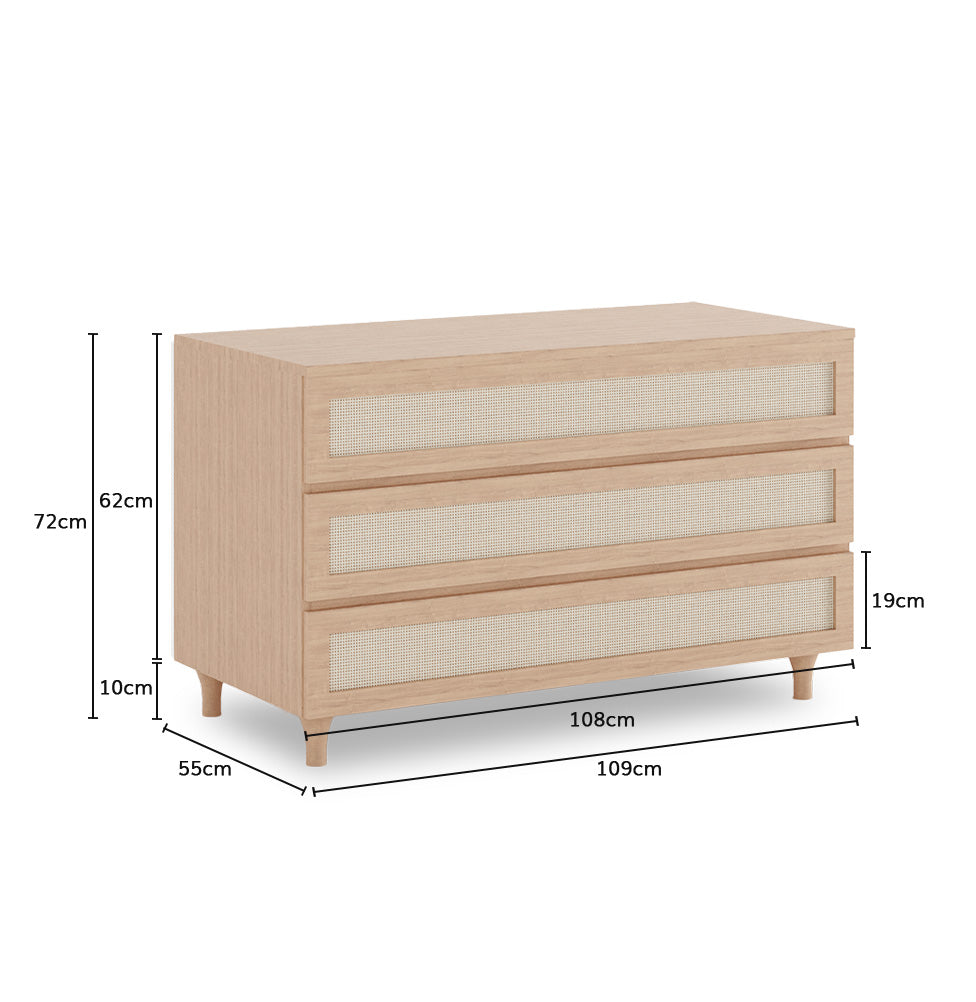 Cômoda de Bebê Baixa de Haus Nature com Palha e 3 Gavetas - Carvalho