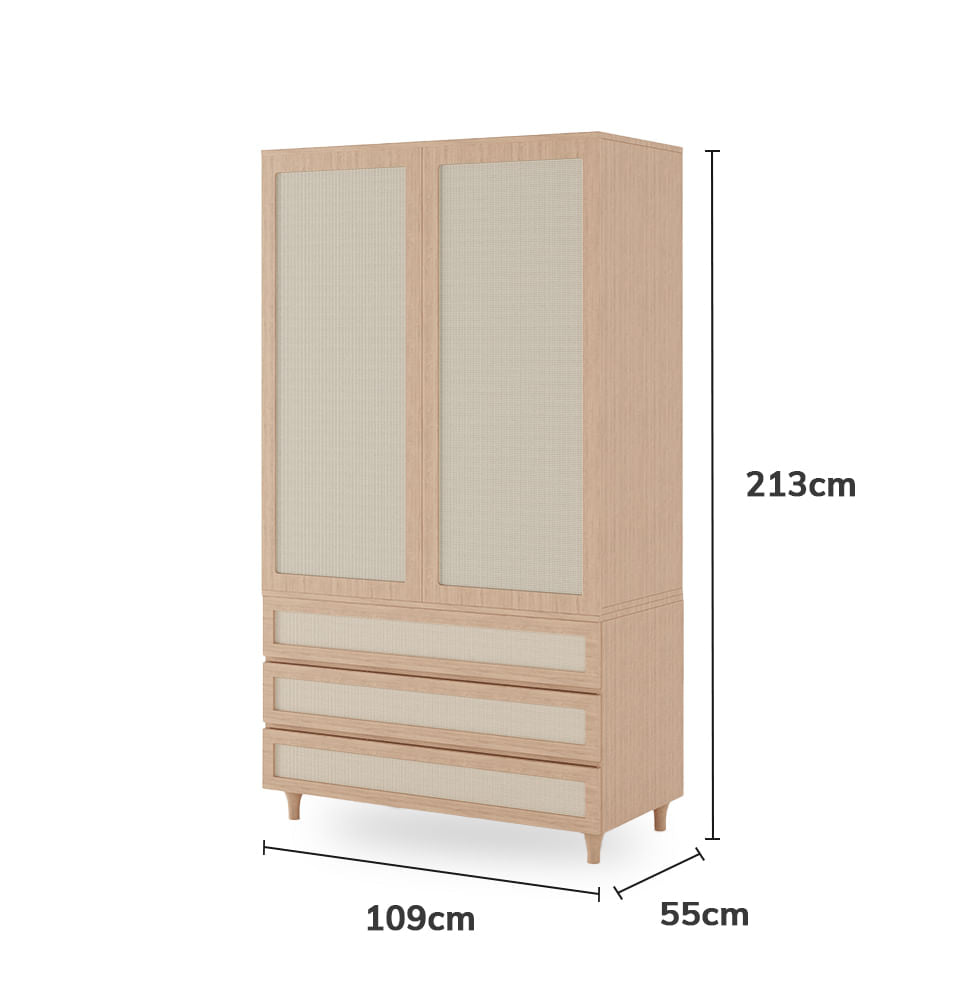 Guarda Roupa 2 em 1 Haus Nature Com Palha 3 Gavetas - Carvalho