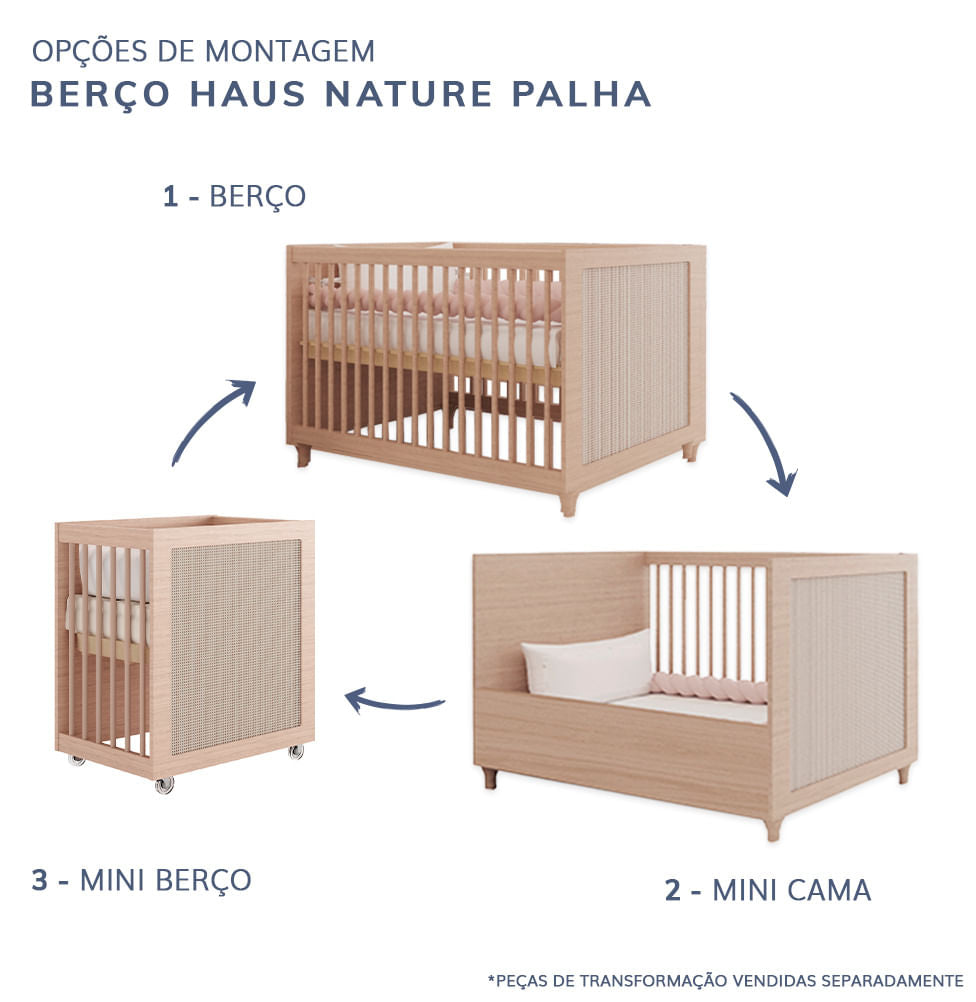 Berço Haus Nature com Palha 3 em 1 - Carvalho