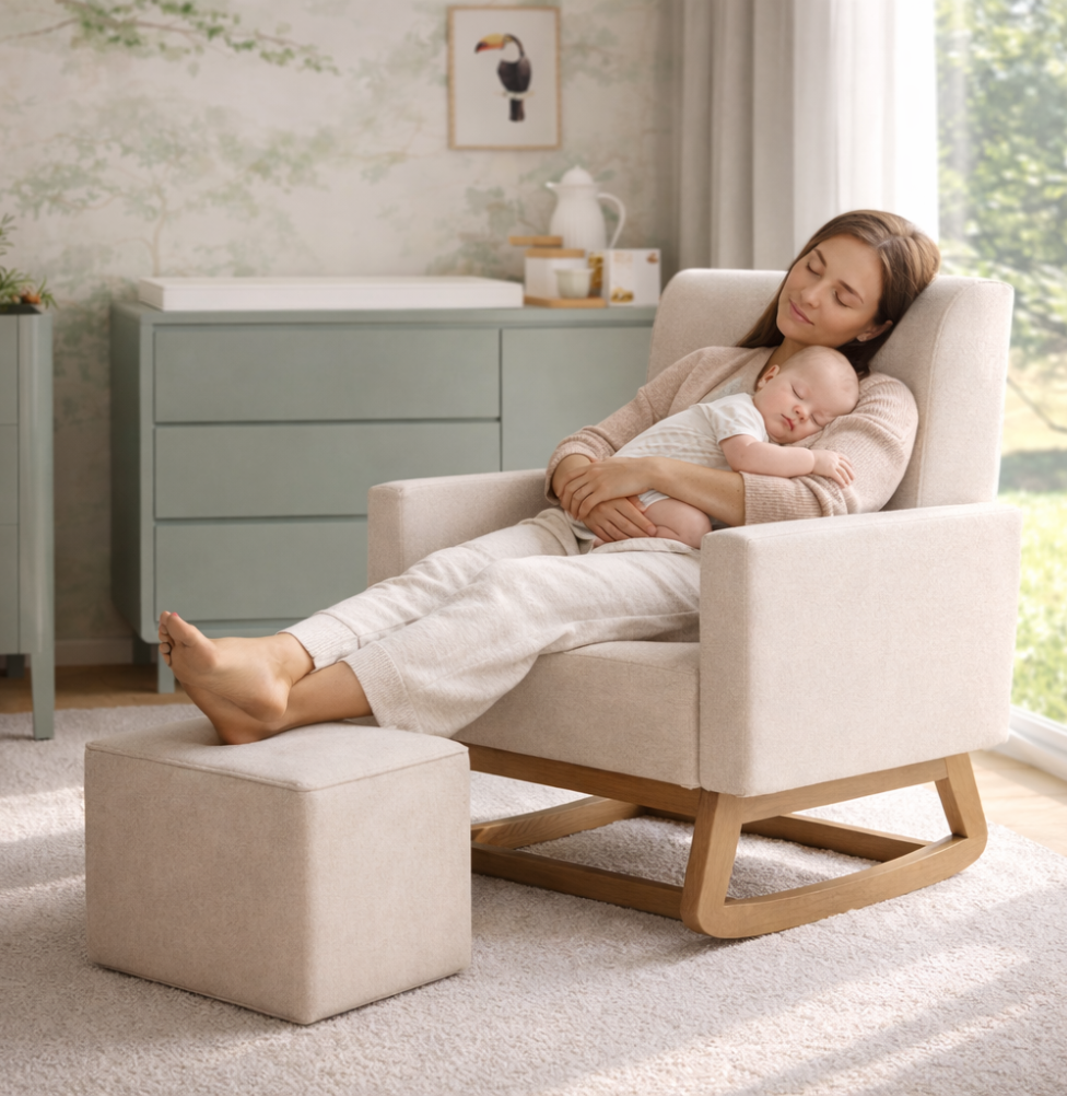 Poltrona de Amamentação Nord Com Balanço e Puff - Linho Bege