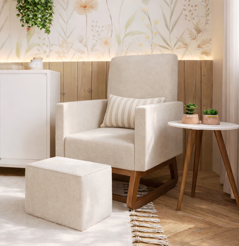 Poltrona de Amamentação Nord Com Balanço e Puff - Linho Bege