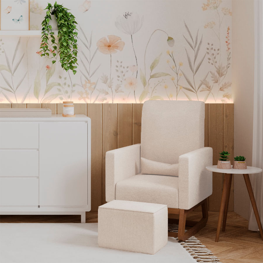 Poltrona de Amamentação Nord Com Balanço e Puff - Linho Bege