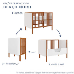 Berço Nord 3 em 1 - Branco Com Grade e Pé Jequitibá